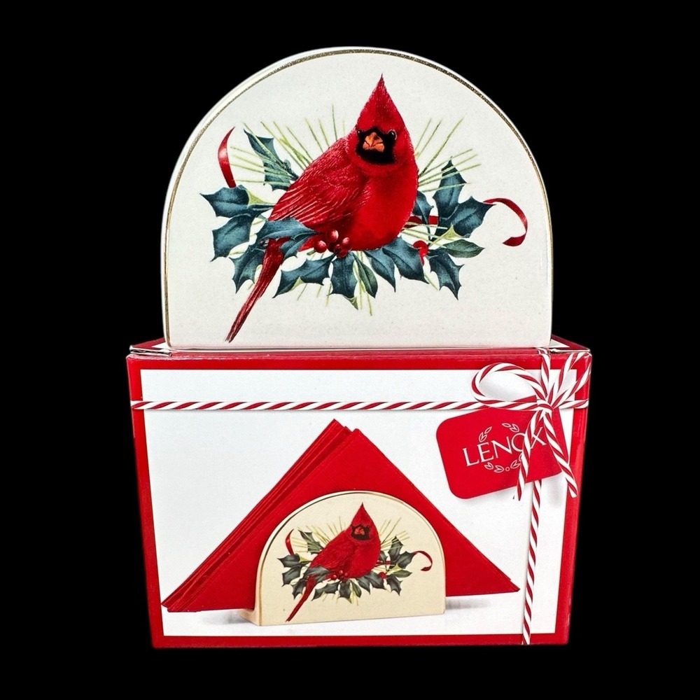 Lenox Winter Greetings Cardinal Napkin Holder 5" Ivory & Gold Ceramic Porcelain